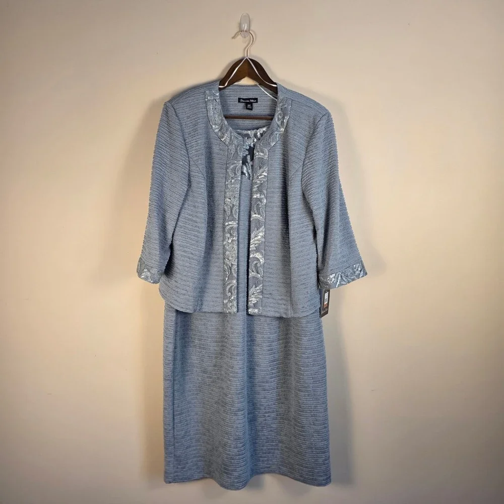 NWT Brianna Milay Jacket‎ Dress Set Womens 16W Artic Blue Embroidered Sequin